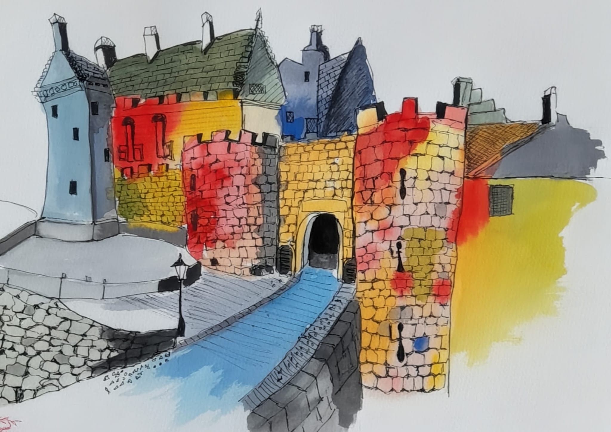 Watercolour of a medieval walled-town gate